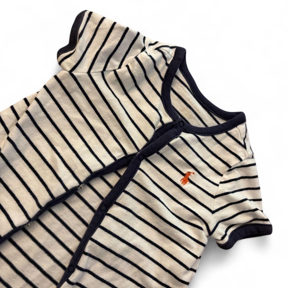 Ralph Lauren Baby Toddler Navy White Striped Romper 12M Orange Pony Logo